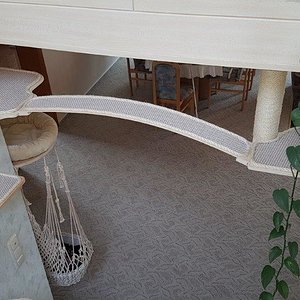 Die Bogenbrücke musste inzwischen verstärkt werden. Der Bogen hat zwar gehalten, aber die an die Decke geschraubte rechte Plattform hatte zu viel Spiel, so dass der Bogen am rechten Auflager abrutschte. Jetzt ist alles fest verschraubt.

Auf diesem Bild sieht man gut die mit Teppich verklebten und mit Sisalstrick gegen ausfransen gesicherten Oberflächen.